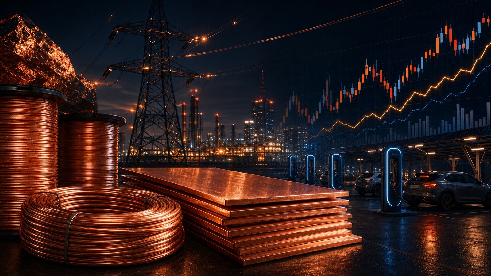 Copper wire, cable and cathode with a rising price chart, representing 2026 record copper prices driven by electrification, EVs and AI data-centre demand.