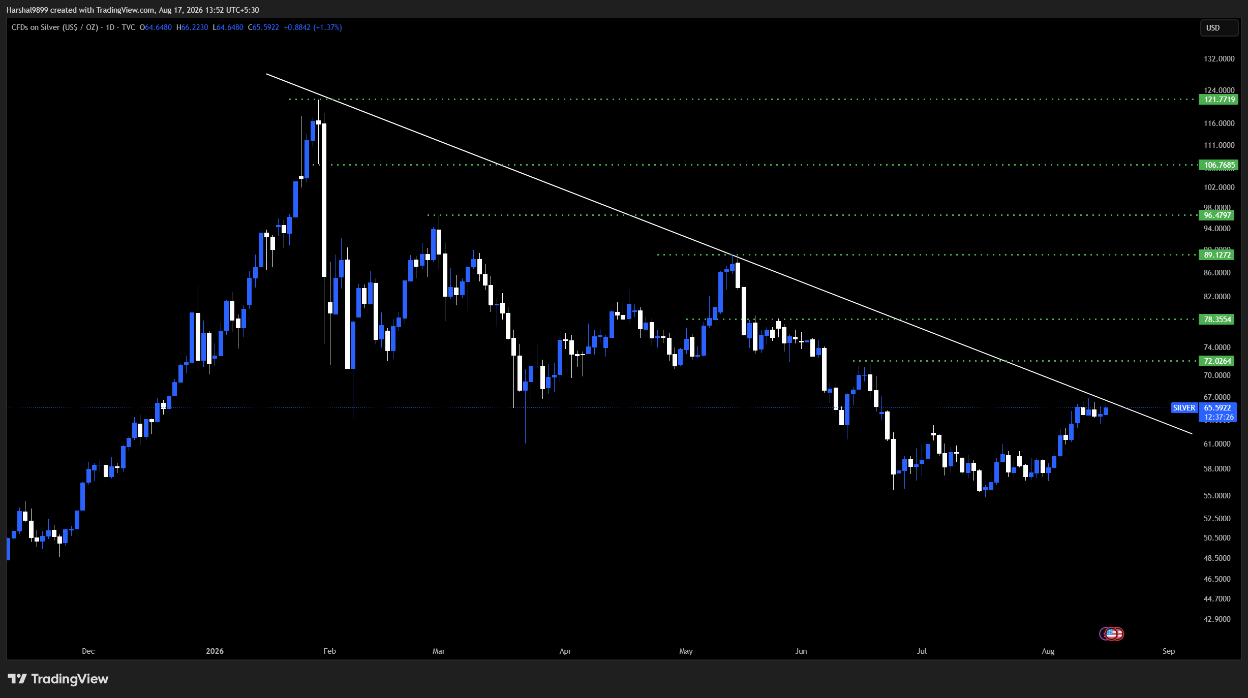 Silver daily chart pressing against a falling trendline with resistance levels at 72, 78, 89, 96, 106 and 121