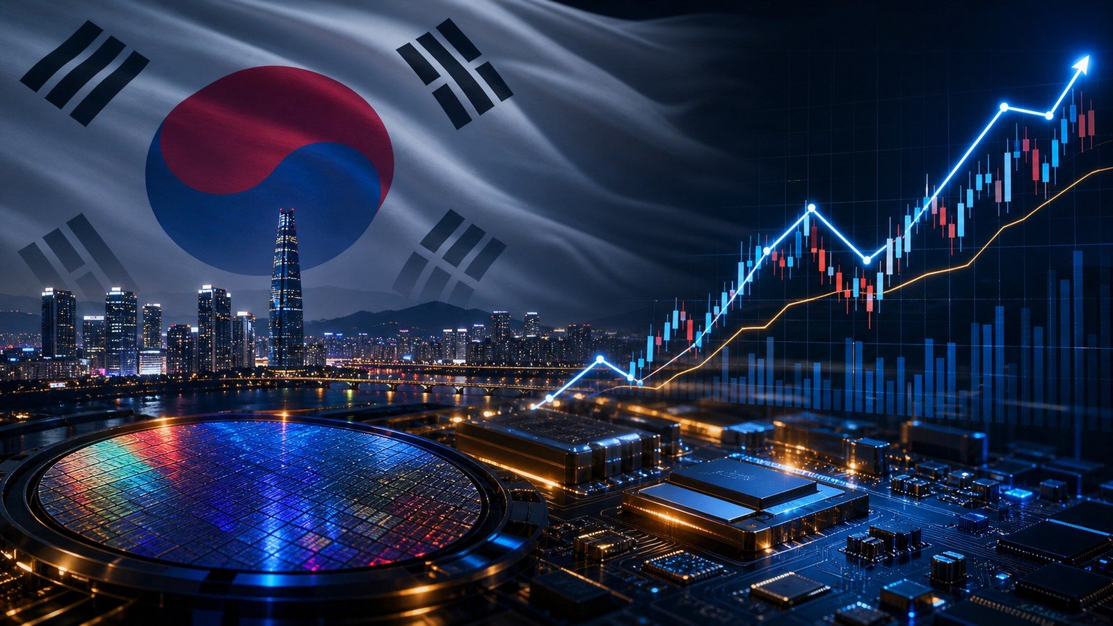 South Korea flag over Seoul skyline, semiconductor wafer and rising KOSPI market chart.