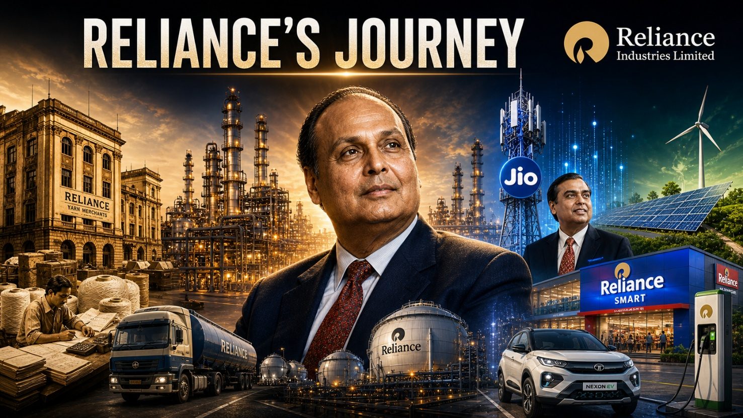 Reliance Industries’ journey, Dhirubhai Ambani, the Jamnagar refinery, Jio and Reliance Retail.