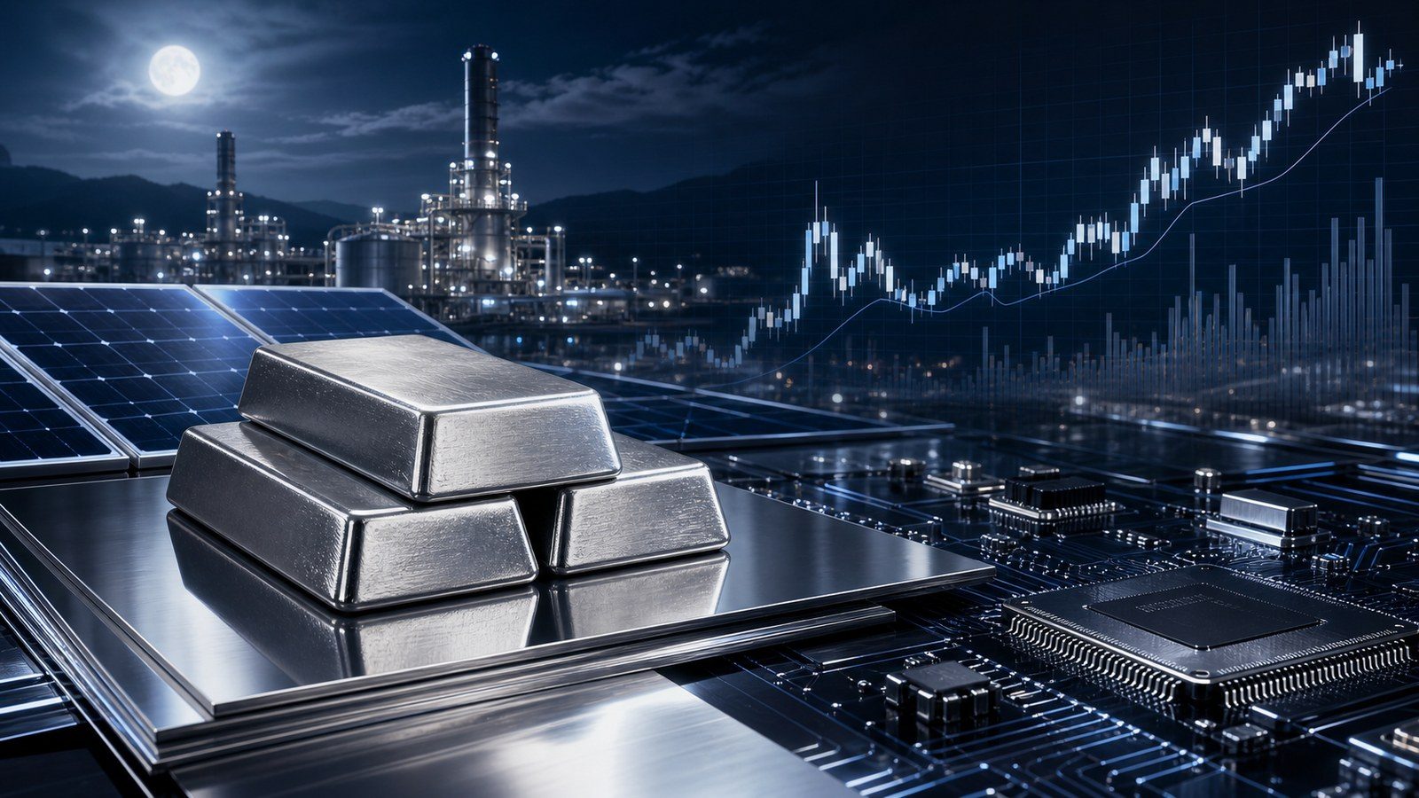 Silver bars and a rising price chart with the gold-silver ratio, illustrating silver's 2026 deficit-driven rally and pullback.