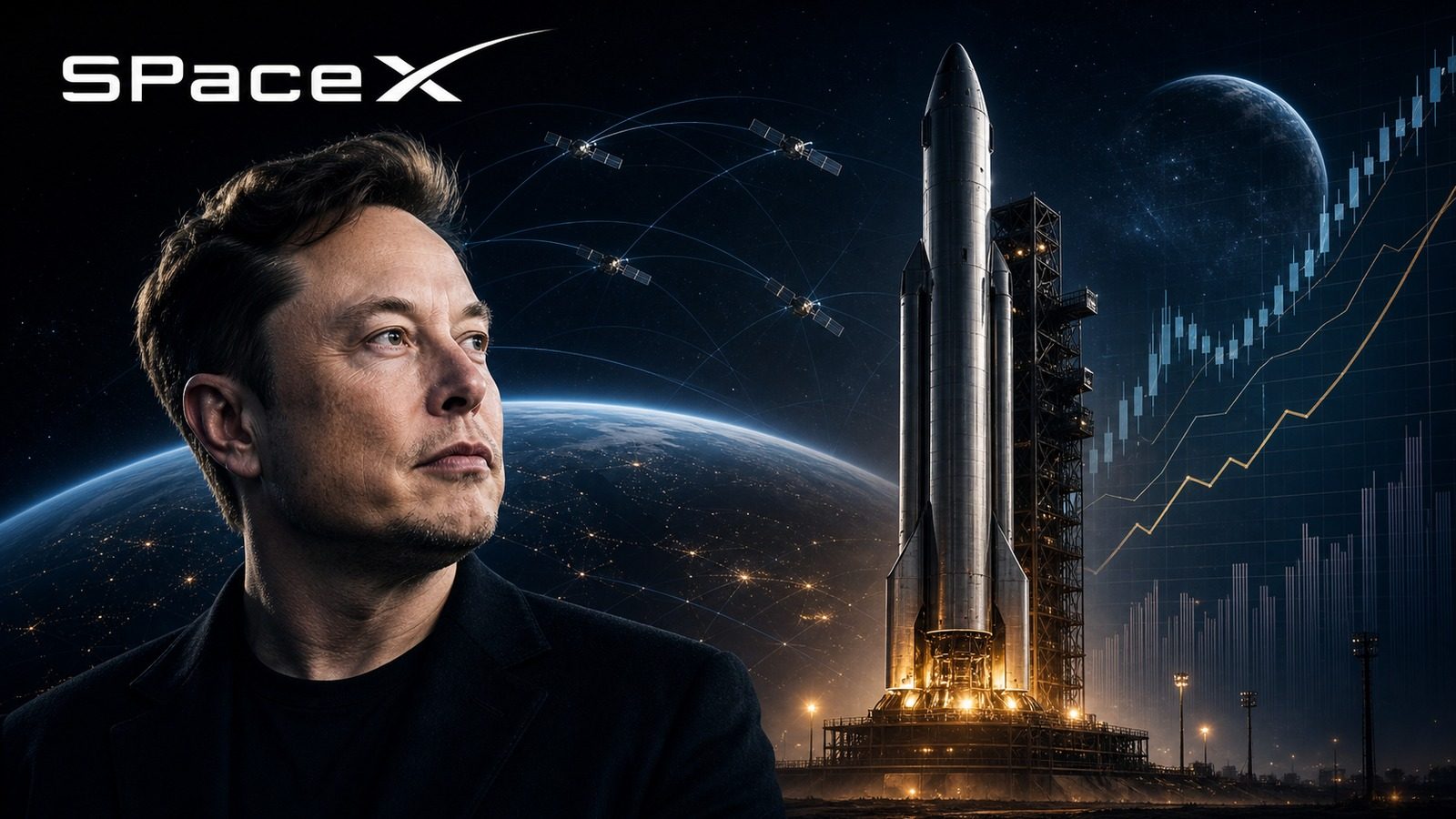 Elon Musk, SpaceX rocket, satellite network and valuation chart for SpaceX IPO analysis.