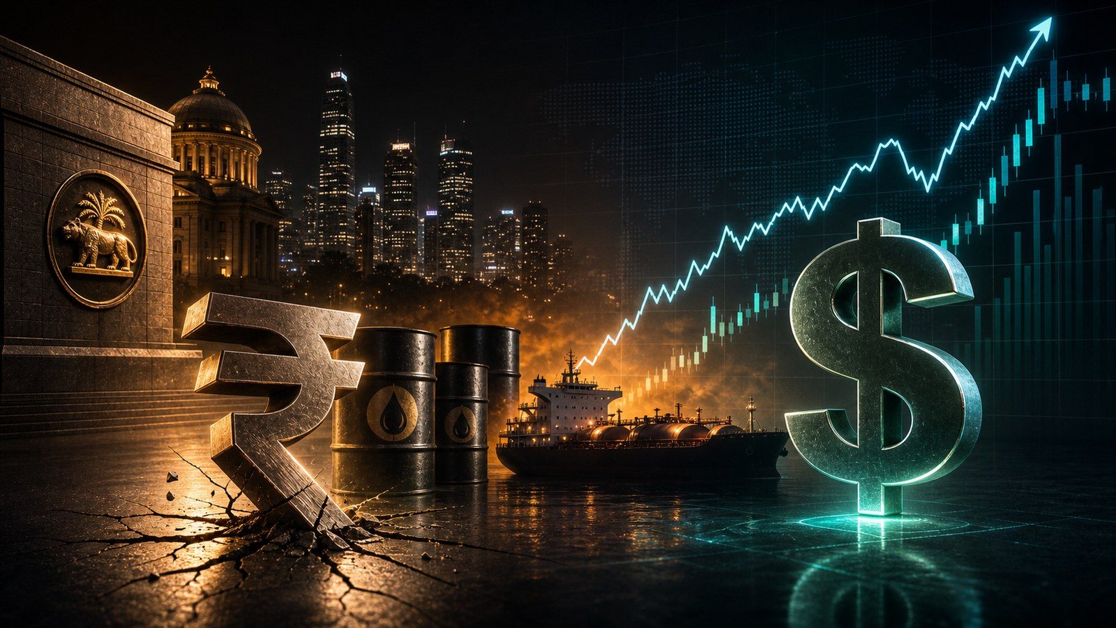 गिरती USD/INR चार्ट रेखा के सामने भारतीय रुपये के नोट, एक तेल बैरल और डॉलर चिह्न के साथ, जो 2026 में मुद्रा पर दबाव दर्शाते हैं।